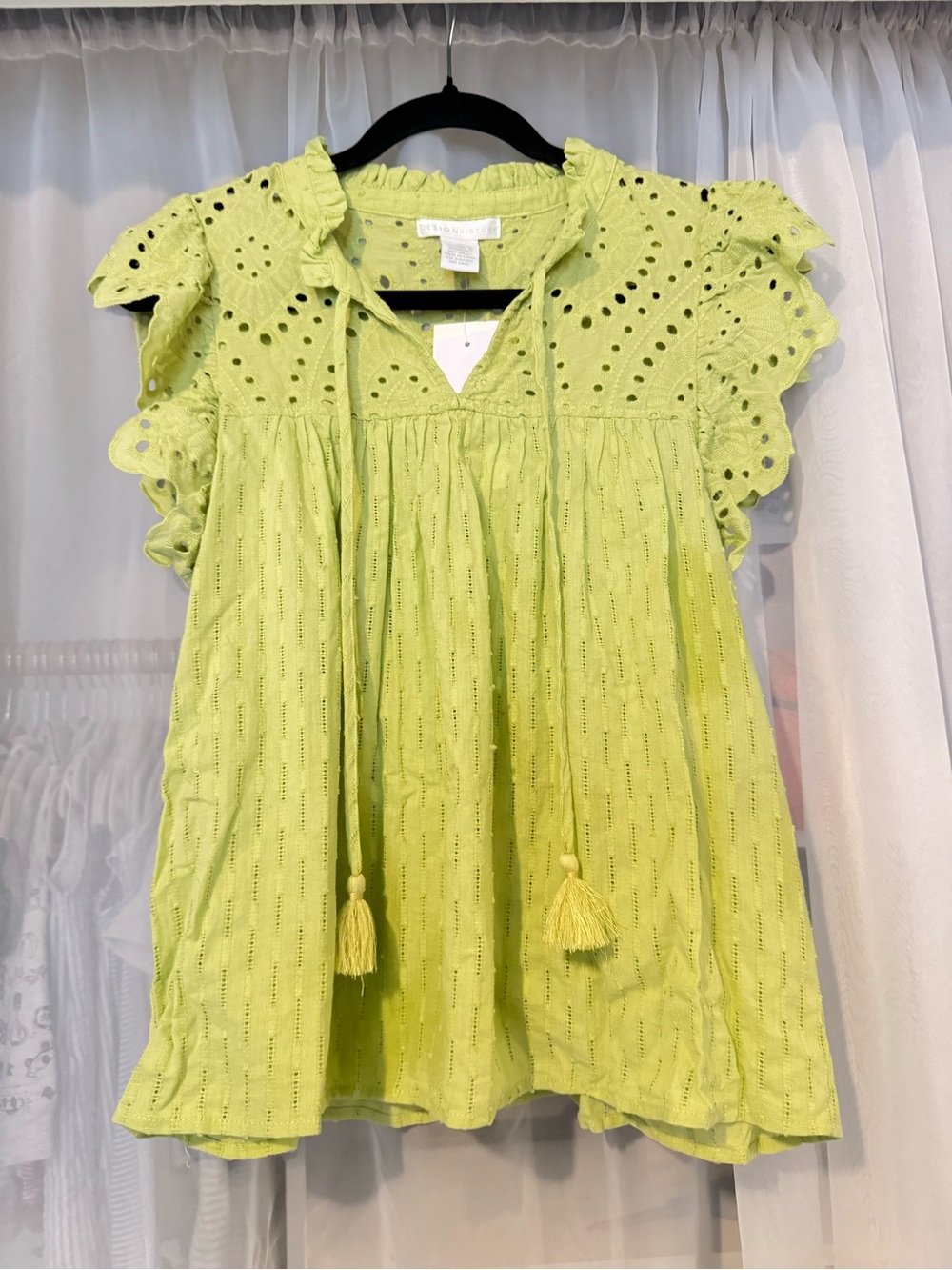 Bright Green Eyelet Tassel Ruffle Blouse